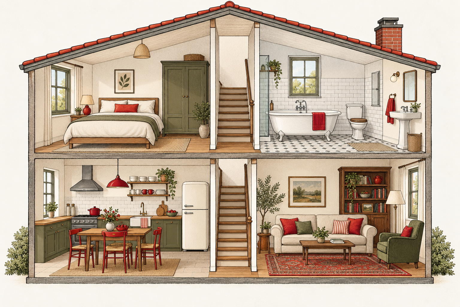 Illustrated cutaway of a furnished house