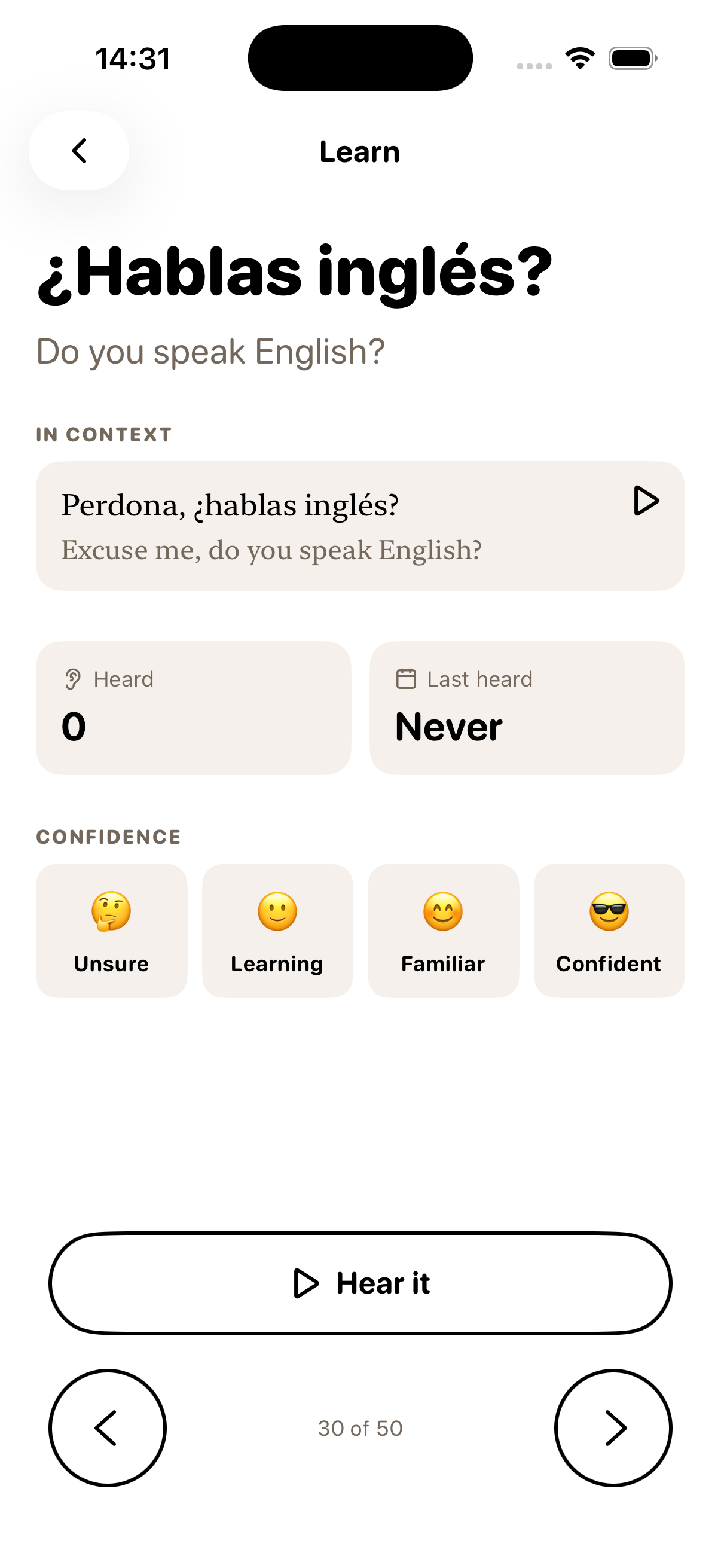 A Spanish phrase with its English translation, listening button and review controls in Vocabcord