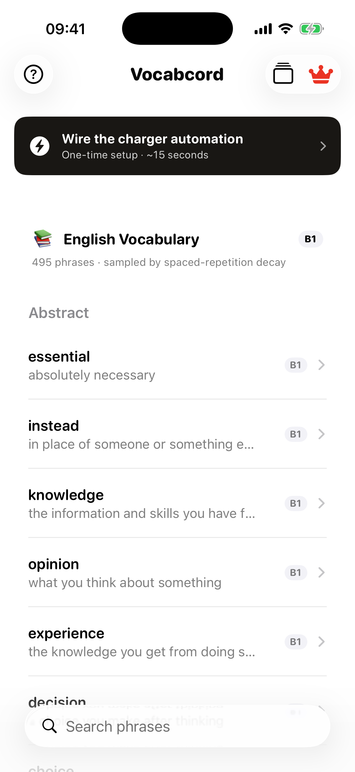 English Vocabulary pack open in Vocabcord, with the &lsquo;Wire the charger automation&rsquo; banner at the top