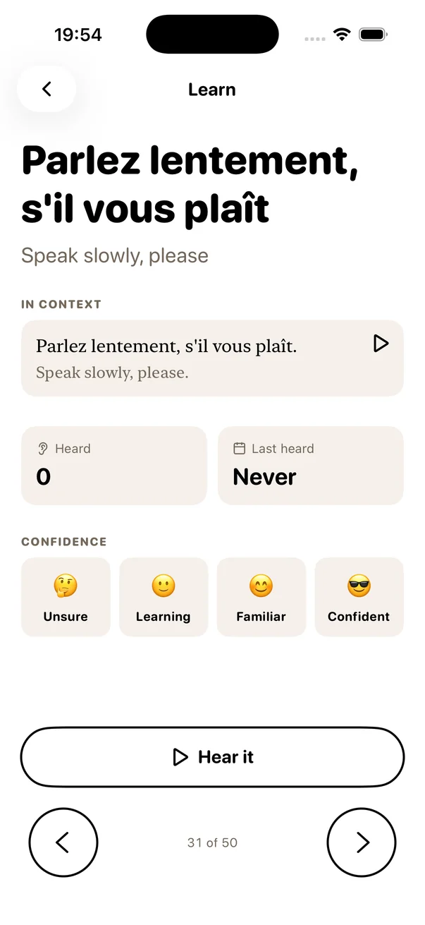 French phrase with English translation, listening and confidence controls in Vocabcord