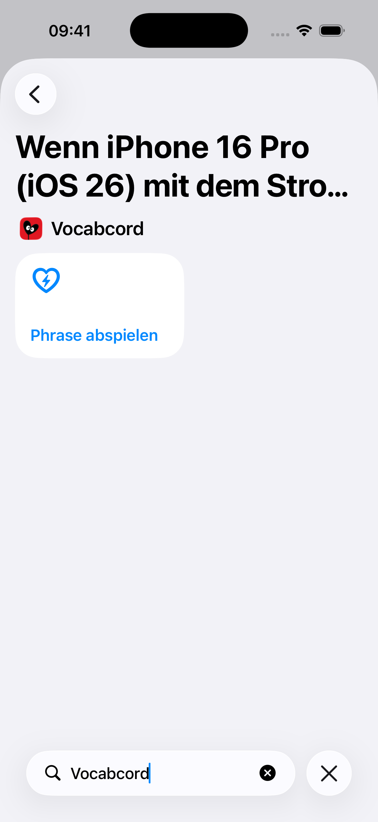 App-Suche mit Vocabcord und der Aktion Phrase abspielen