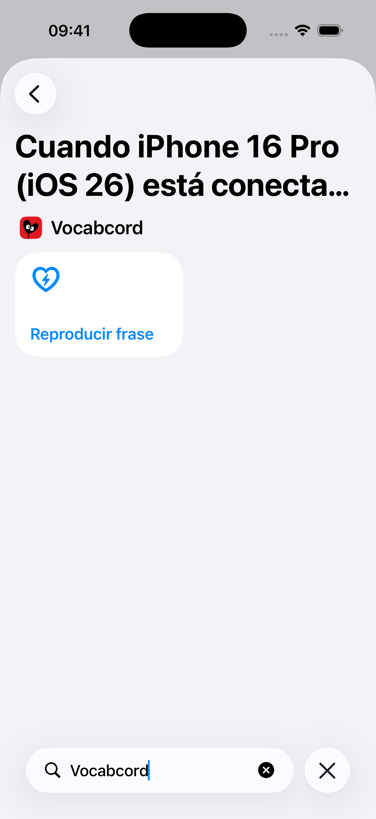 Búsqueda de apps con Vocabcord y la acción Reproducir frase