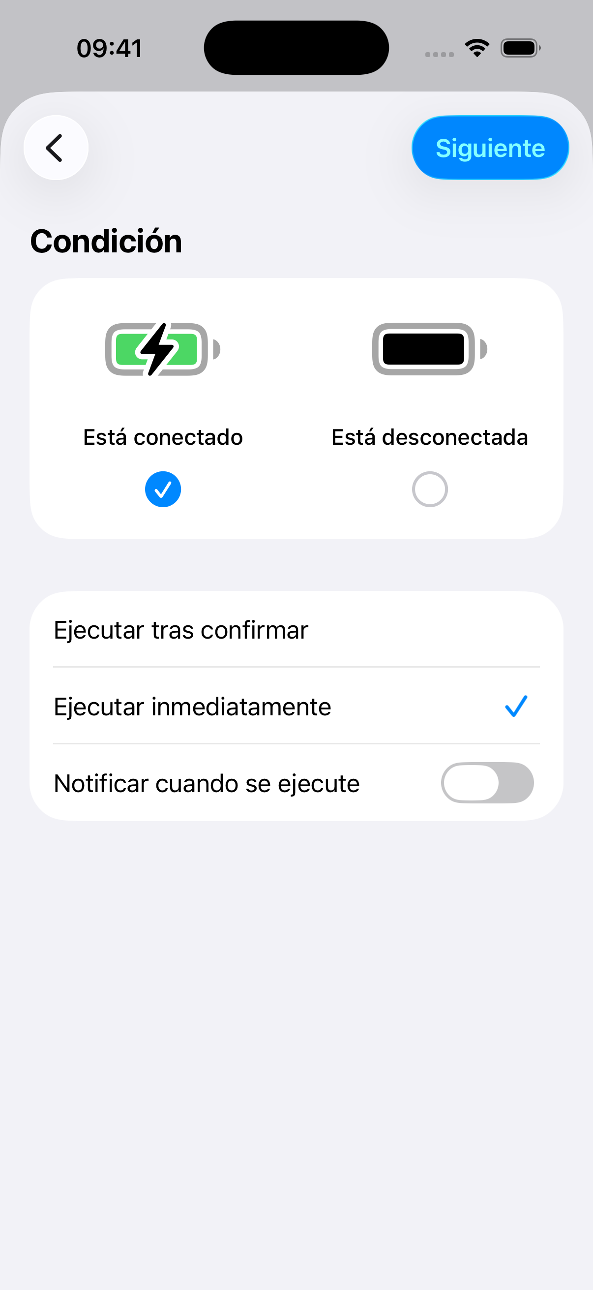Ajustes de Cargador: Está conectado seleccionado, Ejecutar inmediatamente seleccionado y Notificar cuando se ejecute desactivado