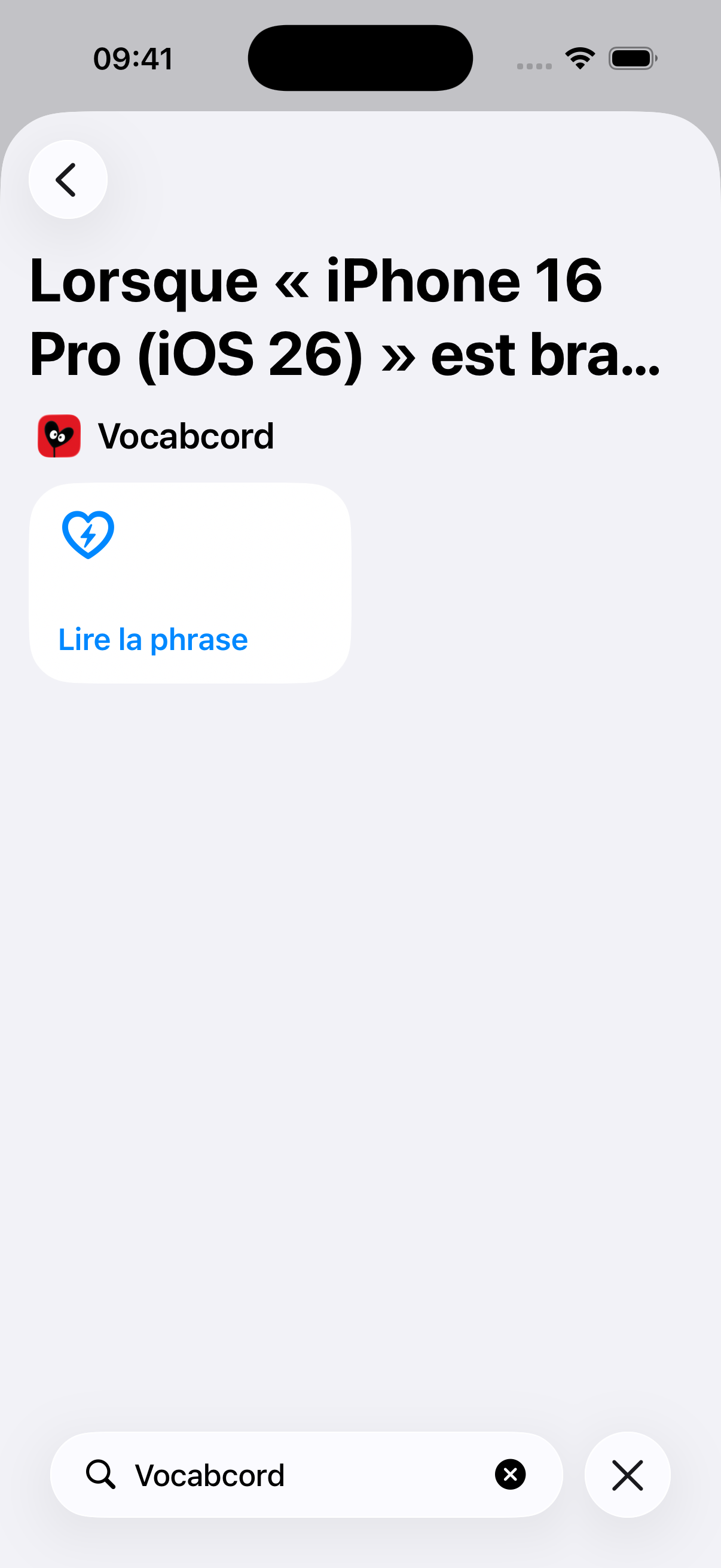 Recherche d’apps avec Vocabcord et l’action Lire la phrase