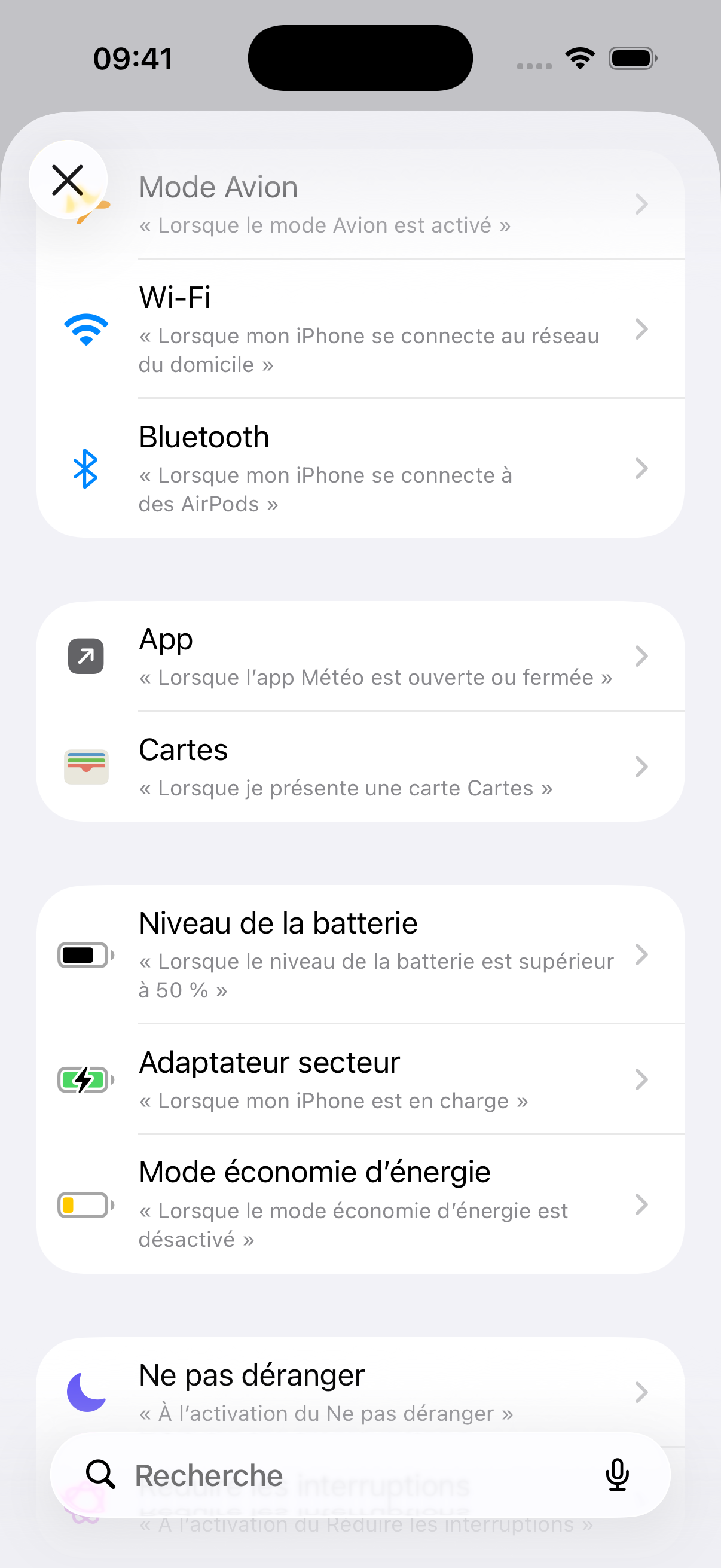 Liste des déclencheurs d’automatisation avec Adaptateur secteur