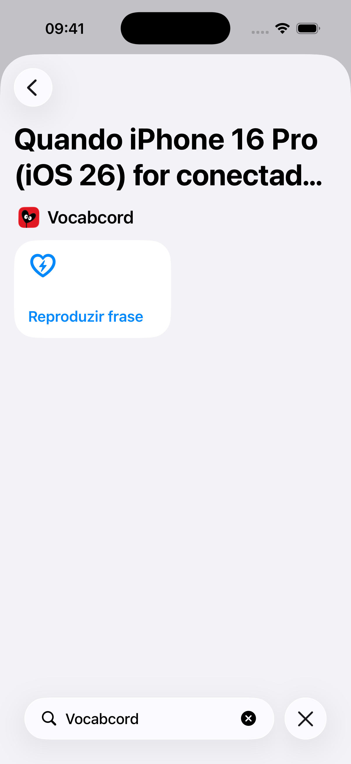 Busca de apps com Vocabcord e a ação Reproduzir frase