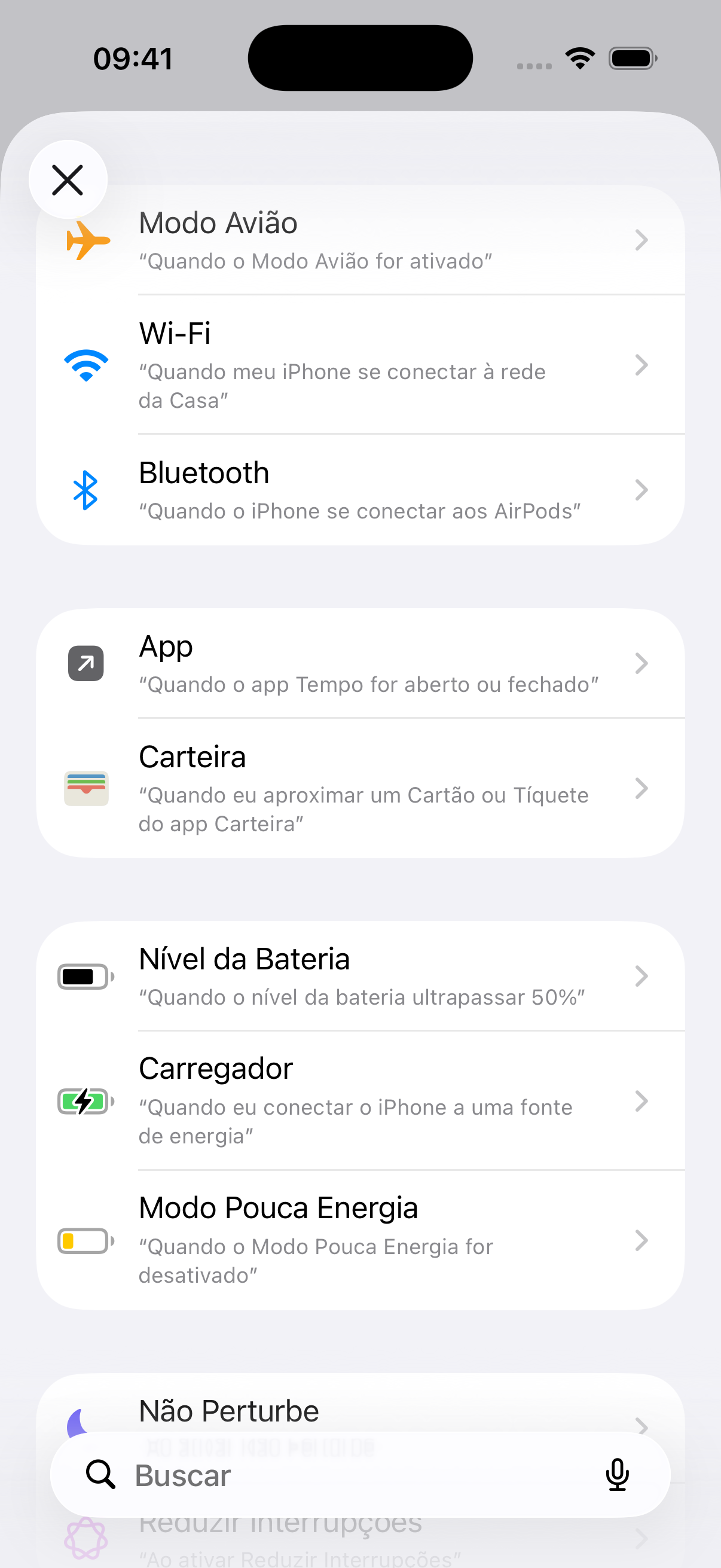 Lista de opções de automação com Carregador