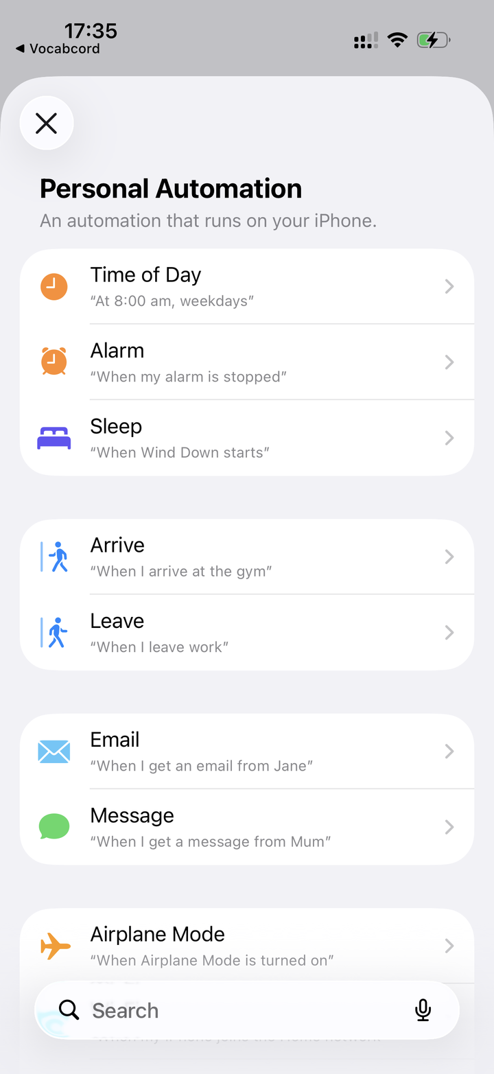 The iOS Shortcuts 'Personal Automation' screen with a long list of triggers