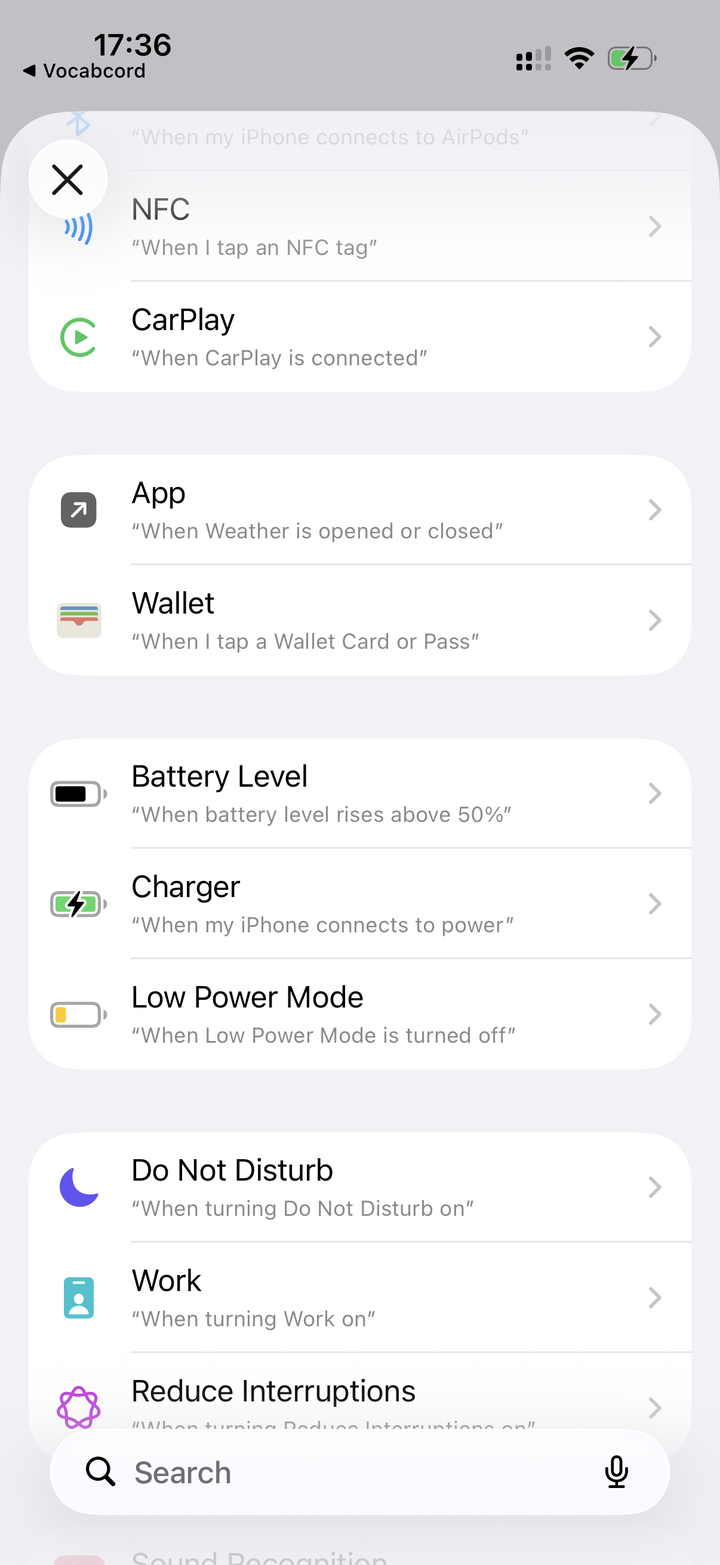 The trigger list scrolled down to show the Charger option