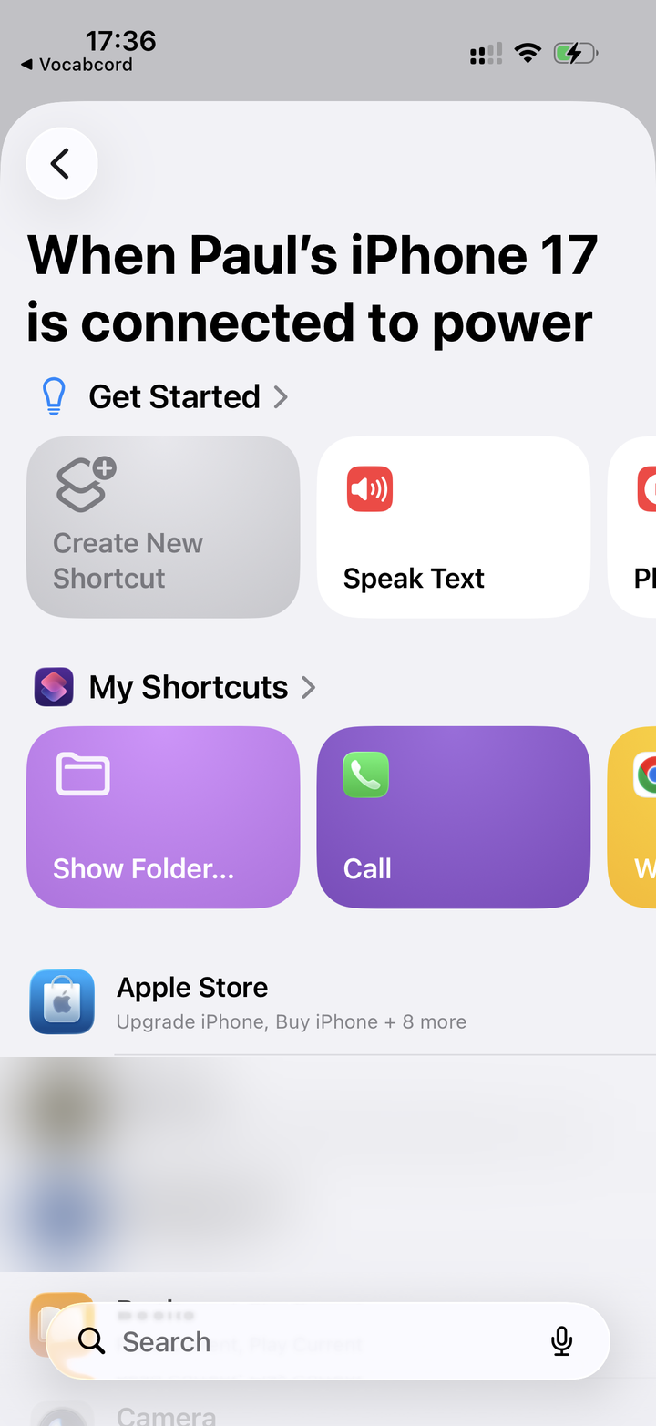 The action picker screen with a search bar at the bottom