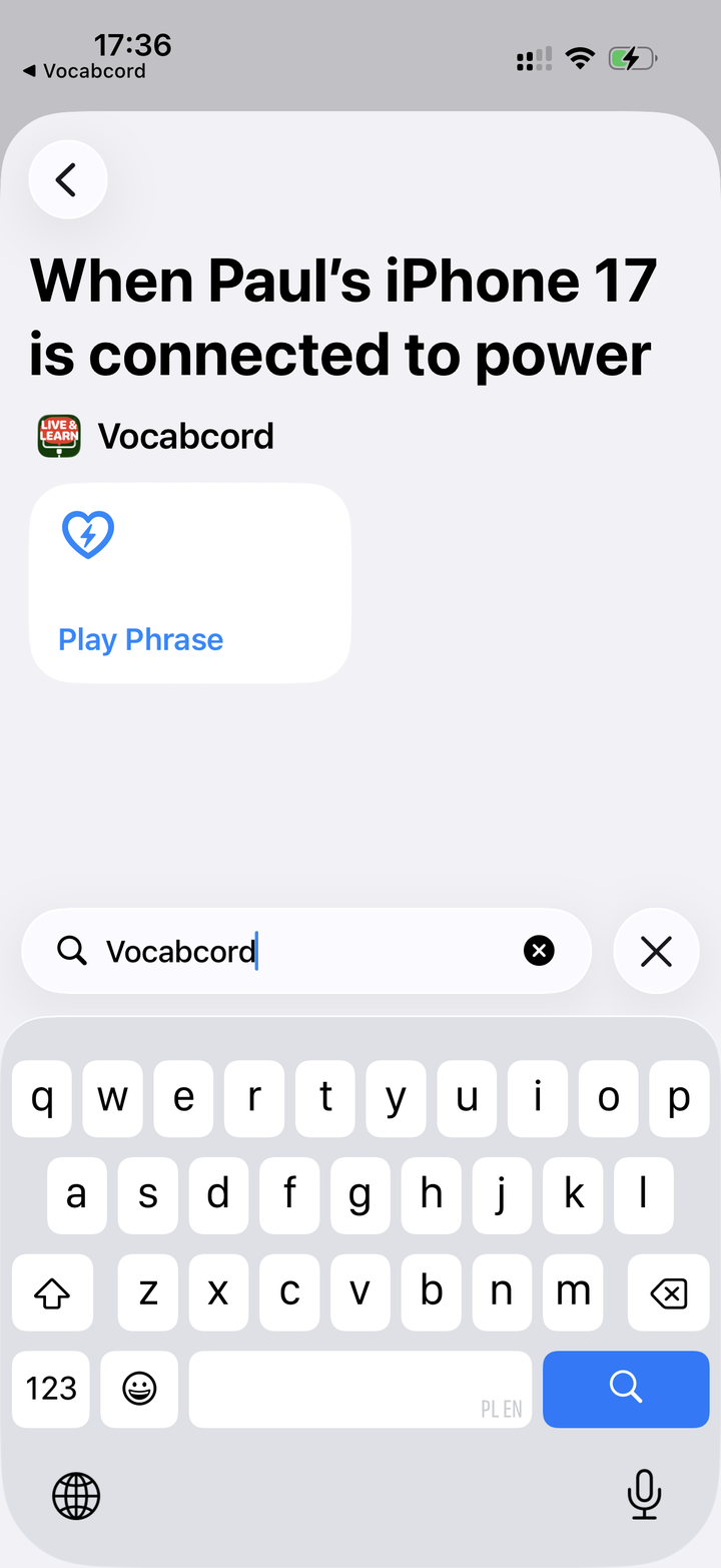 Typing Vocabcord shows the Play Phrase action with a heart icon