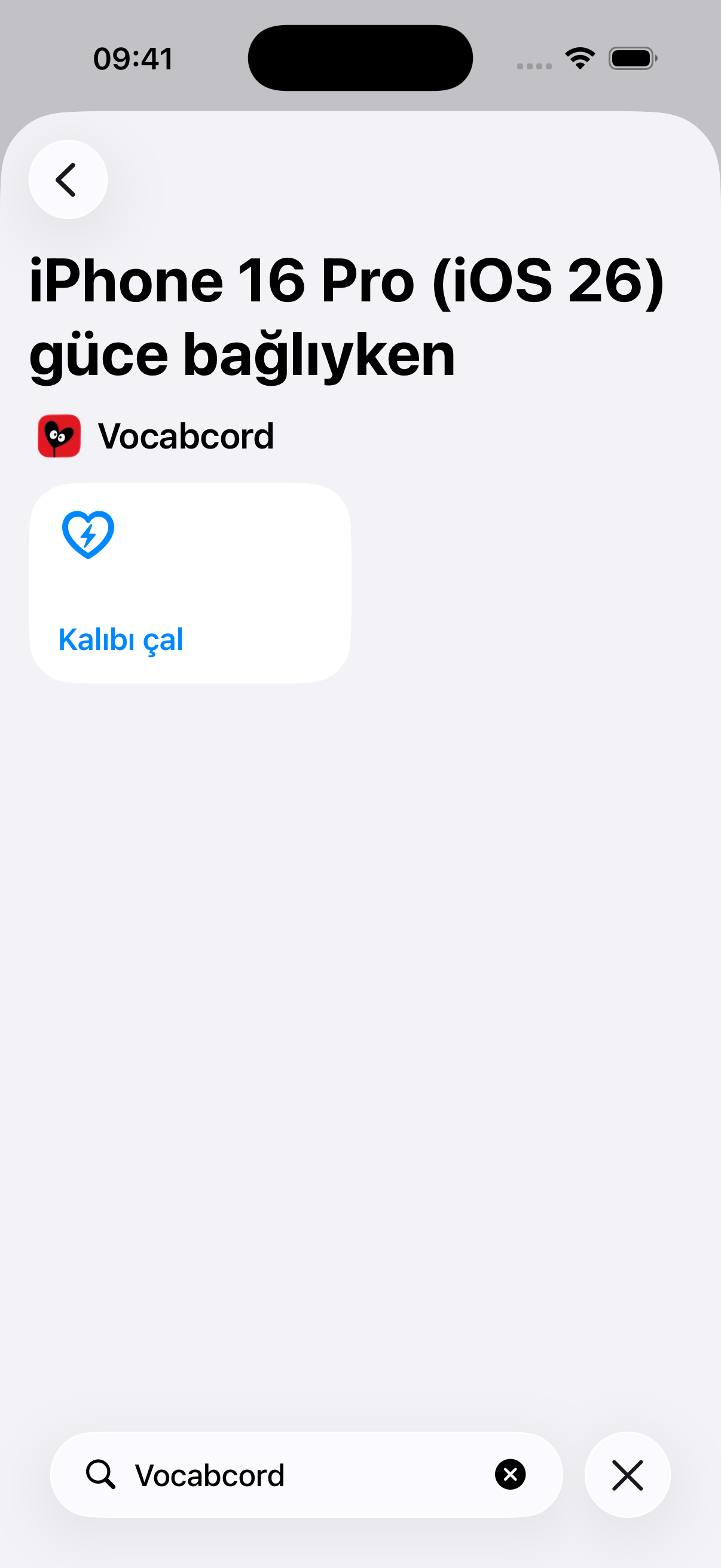 Vocabcord arama sonucu ve Kalıbı çal eylemi