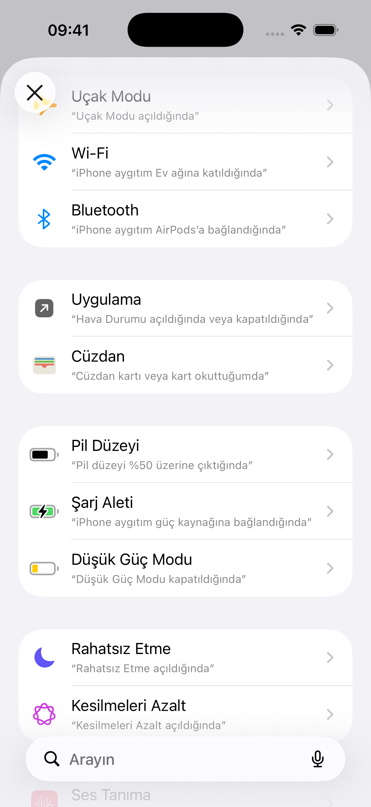 Şarj Aleti seçeneğini içeren otomasyon koşulları listesi