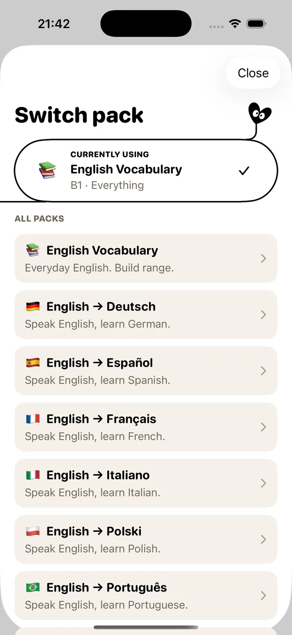 Choose English vocabulary or switch between language pairs in Vocabcord