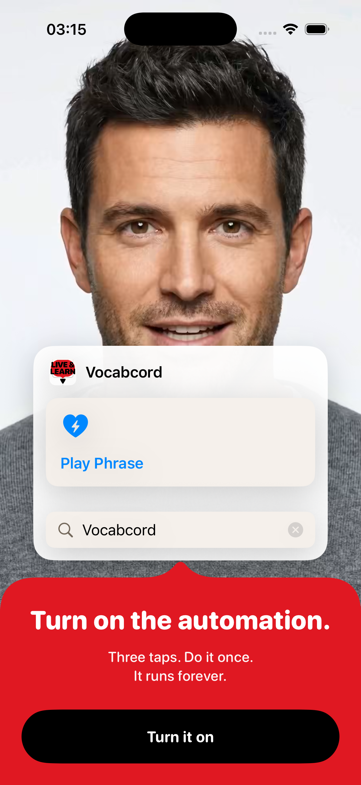 Vocabcord's guided setup: turn on the charger automation in three taps.